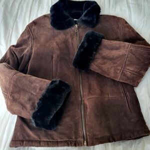 Brown Suede Jacket with Black Fur Lining And Trim